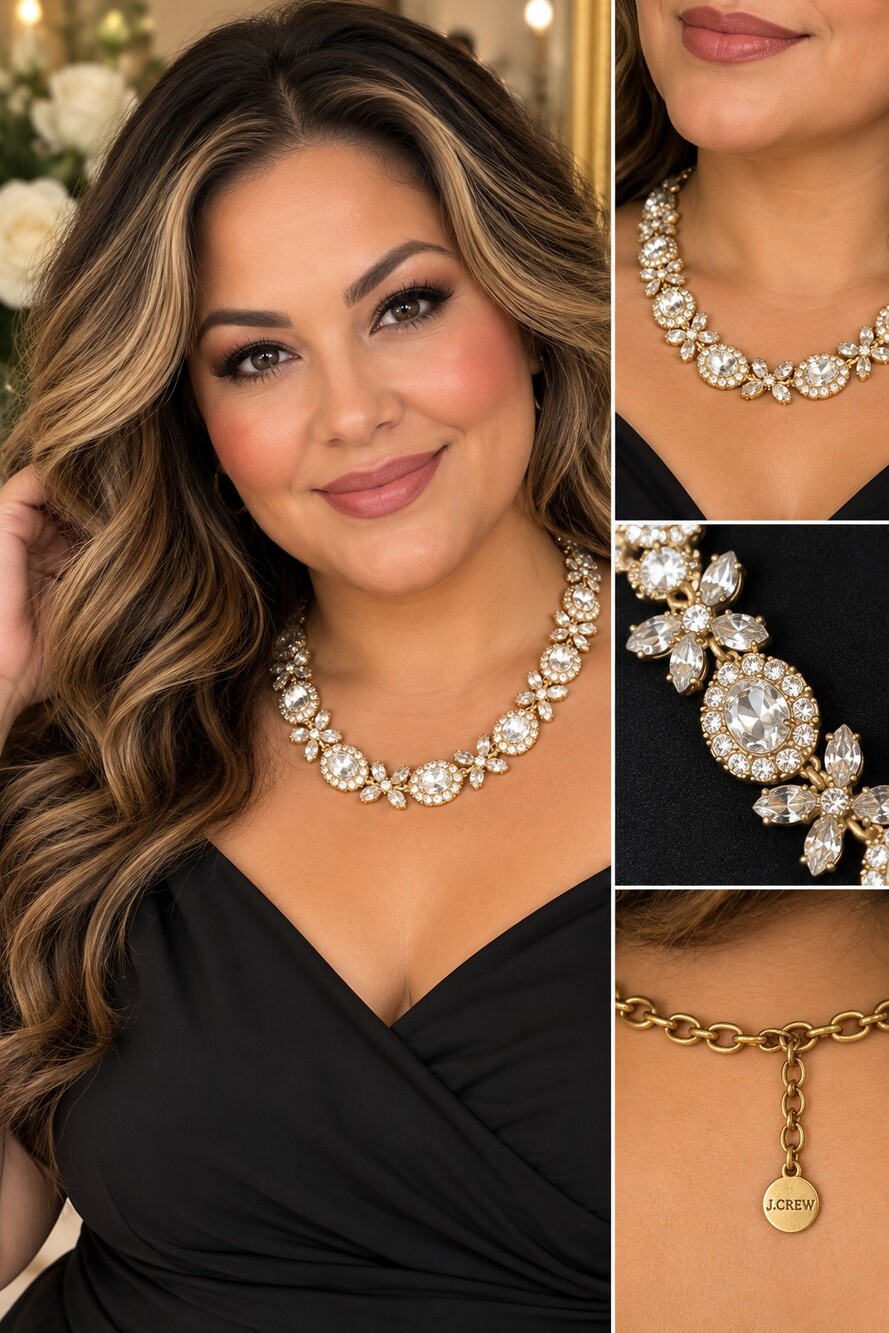 J.Crew Clear Crystal Champagne Gold Statement Collar Necklace Floral Rhinestone